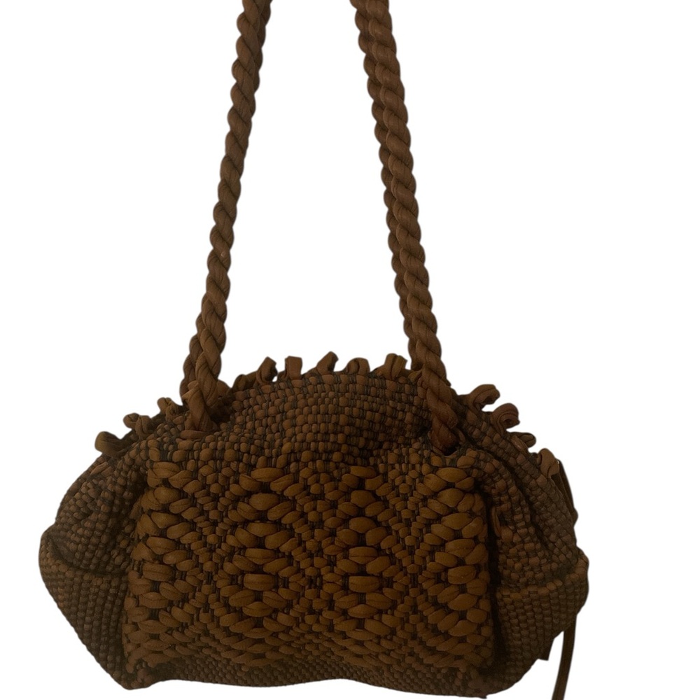 Handwoven Brown Boho Top-Handle Bag – Braided Strap Knit Purse with Zip Closure - Picture 2 of 11